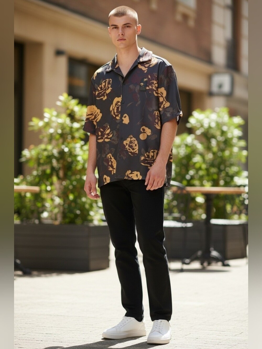 Nike Black Short-Sleeve Button-Down with Gold Floral Pattern